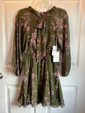 NWT CeCe Olive Green Floral Tie-Neck Dress with Pink Floral Print
